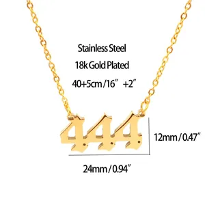 Detail of 18k gold plated stainless steel 444 angel number necklace with dimensions