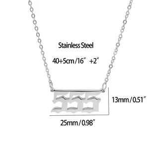 Close-up detail of stainless steel 555 angel number necklace with size measurements