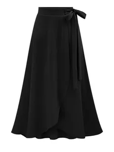 Detail view of a stylish black high-waisted wrap midi skirt with a side bow tie