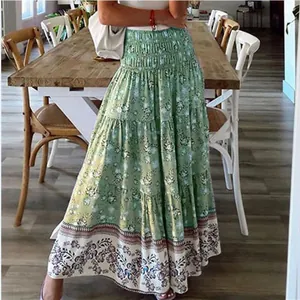 Women Bohemian Floral Print Maxi Skirt High Waist Smocked A-Line Tiered Big Swing Beach Skirt Casual Long Skirts