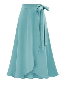 Front view of a light blue high-waisted wrap midi skirt with a stylish bow tie waist