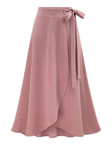 Detail view of dusty rose high waist wrap midi skirt featuring irregular hem and bow tie