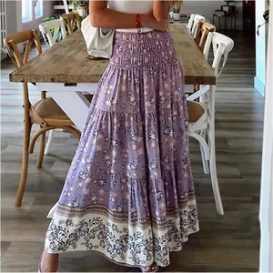 Bohemian floral print high waist maxi skirt for beach and casual summer lifestyle.