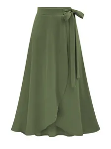 Elegant olive green high-waisted wrap midi skirt with waist tie and asymmetric hem