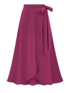 Detail of magenta high-waisted wrap midi skirt with irregular split and bow tie