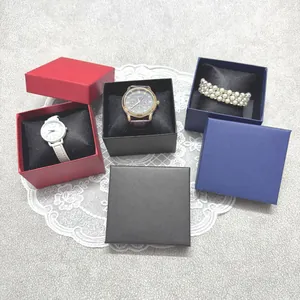 Close-up view of premium striped jewelry gift boxes in red, black and blue for watches