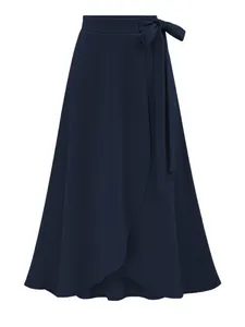 Elegant navy blue high-waisted wrap midi skirt featuring a chic tie-waist bow detail.