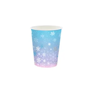 Detail of disposable paper cup with blue snowflake pattern for winter parties