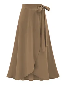 Elegant high waisted midi skirt featuring irregular wrap hem and side tie-waist bow