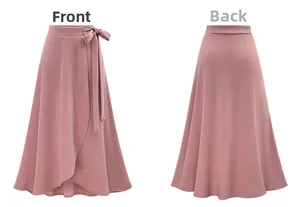 Front and back view of a high-waisted pink wrap midi skirt with a bow knot detail.