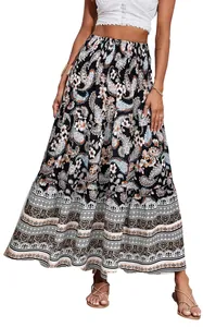 Bohemian high waisted paisley print maxi skirt featuring tiered design and floor length