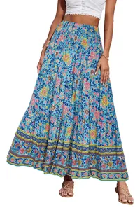 Detailed view of bohemian floral print high waist maxi skirt for women