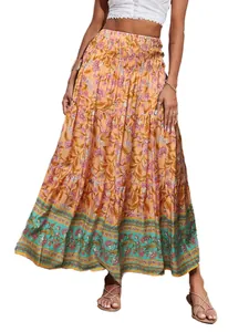Bohemian floral print high waist maxi skirt for women beach casual