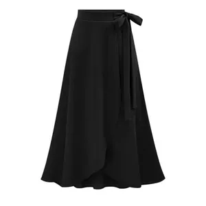 Elegant black high-waisted wrap midi skirt with a tie waist and irregular hem.