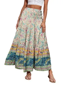 Detail view of bohemian floral high waist maxi skirt with tiered design and smocked waist