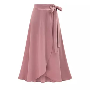 Elegant high waist dusty rose midi wrap skirt with irregular slit and bow tie