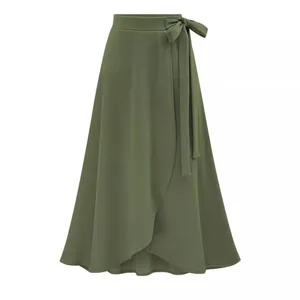 Elegant high-waisted army green irregular wrap midi skirt with stylish tie-waist detail