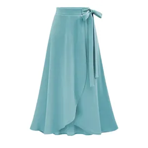 Elegant high waist teal wrap skirt with irregular slit and tie-waist bow detail