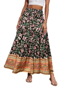 Bohemian floral high waist maxi skirt with tiered design and ethnic print border