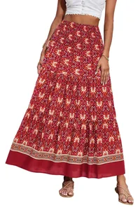 Detailed view of a Bohemian floral print maxi skirt featuring a high waist design