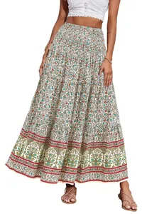 Detail view of a bohemian floral maxi skirt with high elastic waist and ethnic prints.