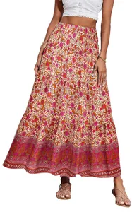 Bohemian floral print high waisted maxi skirt with tiered design and a flowing hem