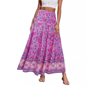 Bohemian high waist floral print maxi skirt with pleated large swing for women.