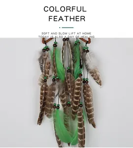 Close-up detail of soft green and brown feathers on a forest-style dreamcatcher hanging