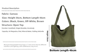 Detailed specifications for green canvas tote bag showing 36x46cm size and large capacity.