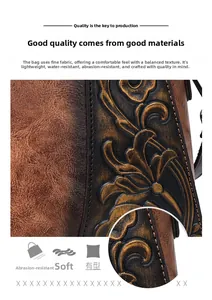 Detailed macro shot of vintage embossed leather handbag featuring floral patterns grain