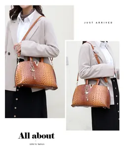 Elegant detail view of a brown crocodile pattern handbag styled by a lookbook model