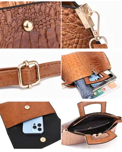 Detail views of brown crocodile pattern handbag showing hardware and interior capacity