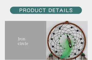 Close-up detail of iron circle and handmade mesh with green feathers for dreamcatcher.