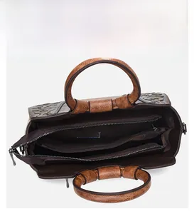 Detailed interior macro view of vintage embossed handbag showing multiple compartments