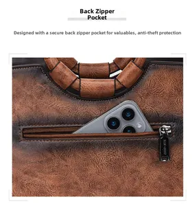 Detail view of the back anti-theft zipper pocket on a vintage brown leather handbag.