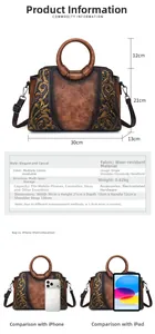 Vintage embossed floral handbag with size specifications and device scale comparison