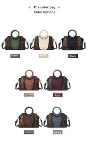 Seven color options for vintage embossed floral handbags with circular top handles