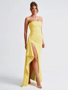 Elegant yellow strapless maxi dress with sexy side slit and irregular hem for summer