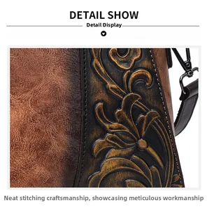 Detailed macro view of vintage embossed floral pattern and neat stitching on brown bag