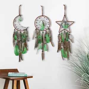 Bohemian Forest Style Dreamcatcher Wall Hanging Star Moon Round Iron Ring Feather Pendant Bedroom Home Decor Ornaments
