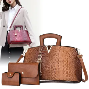 Fashion Crocodile Pattern PU Leather Handbag 3-Piece Set Large Capacity Tote Shoulder Bag For Women Commuting Messenger Bag