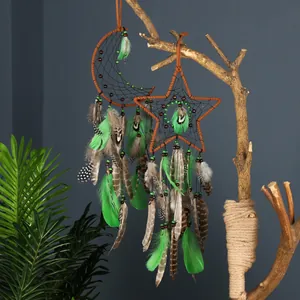 Bohemian forest style star and moon dreamcatchers with green and brown feathers for bedroom