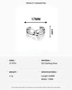 Close-up of S925 sterling silver knotted ring showing dimensions and parameters