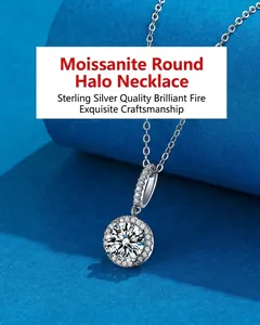 Close-up of elegant moissanite halo pendant necklace with brilliant fire in sterling silver