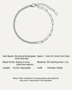 Specifiche dettagliate del bracciale in argento S925 con zirconi e maglie rettangolari