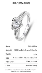 Detailed technical specifications for the S925 sterling silver heart moissanite ring
