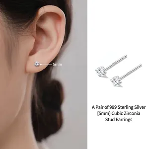 Detailed view of 5mm 999 sterling silver zirconia stud earrings for women.