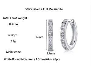 Technical specs of S925 silver hoop earrings featuring 1.5mm 6A white moissanite