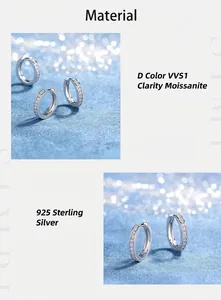 Detailed view of S925 sterling silver hoop earrings with D color VVS1 moissanite stones