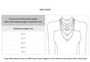 Detailed necklace length reference guide with illustration and size chart for 40cm to 70cm.